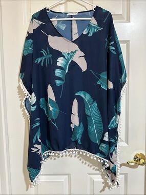 ADREAMLY Tropical Leaf Pom Pom Kimono Cover Up, Navy & Teal, Boho Beach